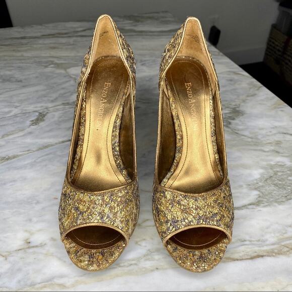ENZO ANGIOLINI Womens Gold Glitter Peep Toe Pumps Heels Size 6 - Picture 3 of 6